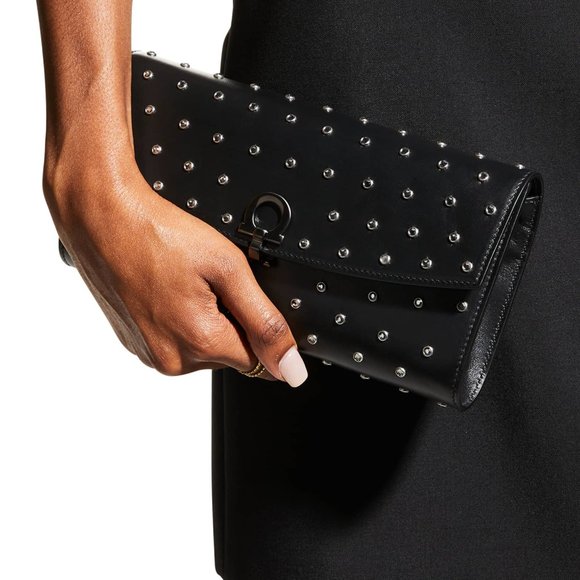 NWT Salvatore Ferragamo Gancini Clip Black Leather Studded Mini Bag Clutch - Picture 8 of 10